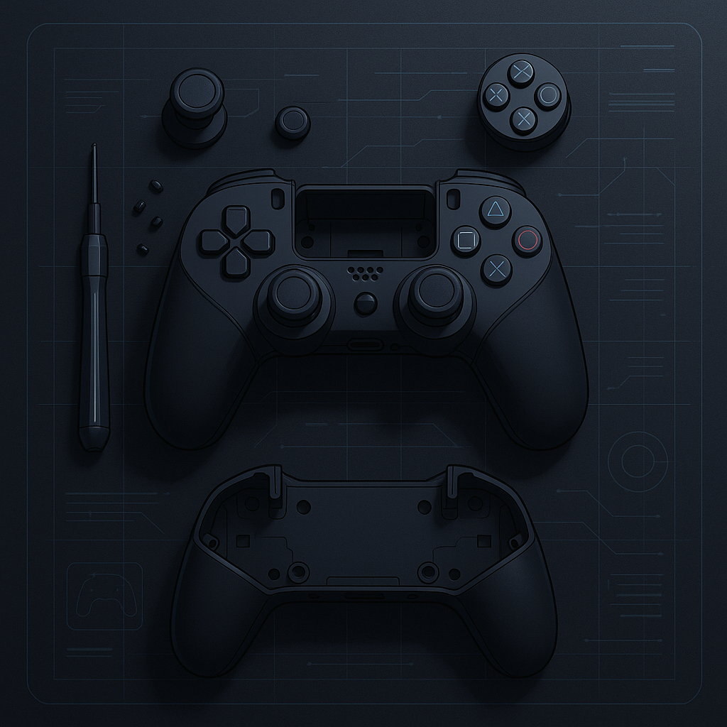 Disassembled gamepad on a futuristic workbench